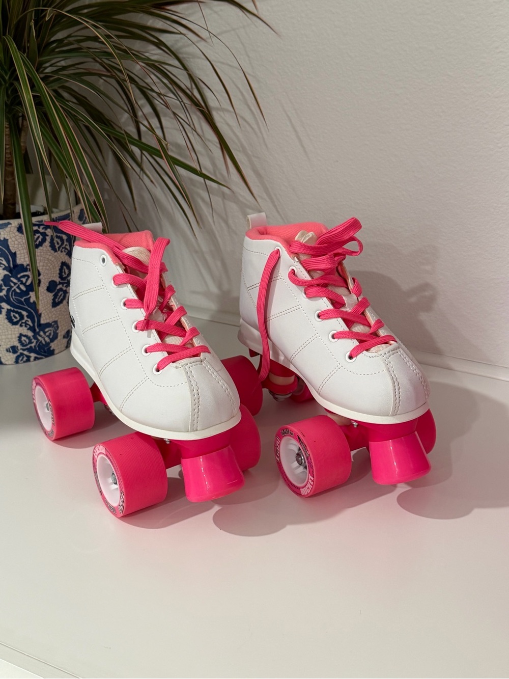 Girls White and Pink Quad Roller Skates - Youth High-Top Skate